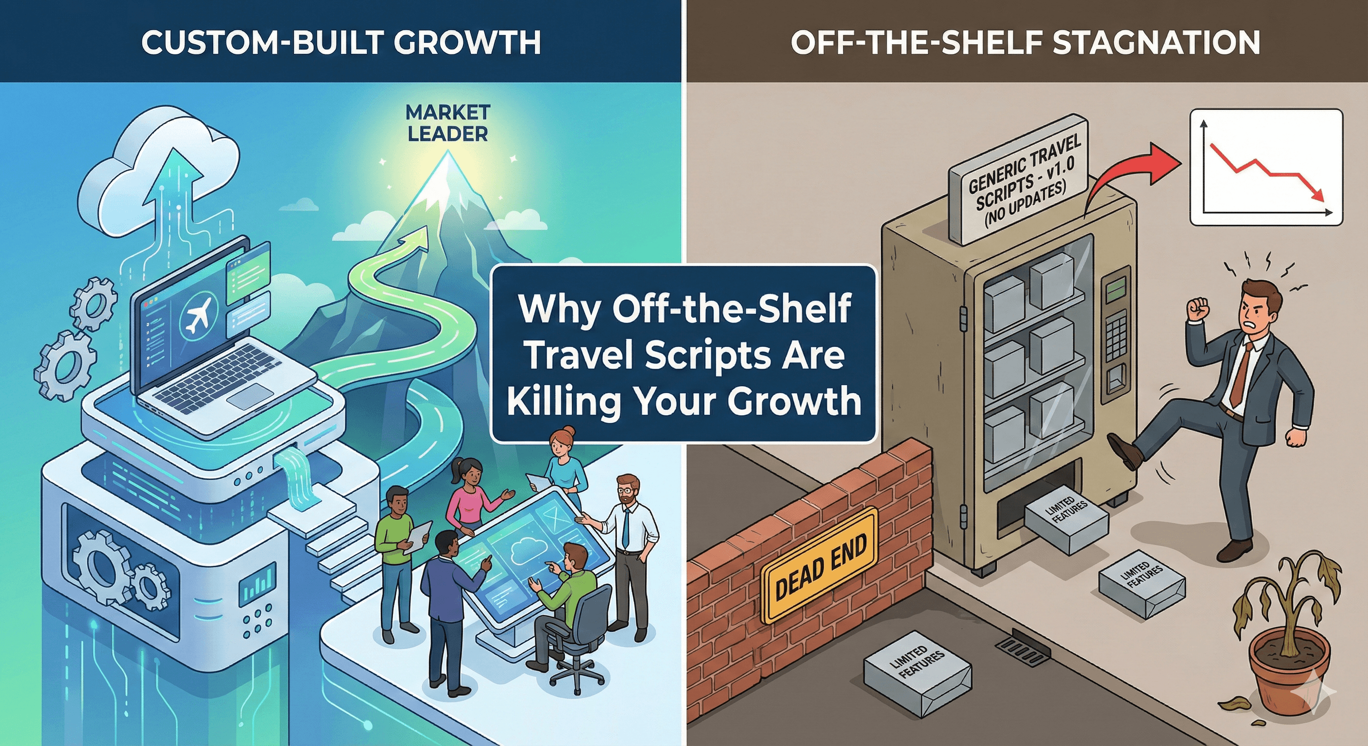 Comparison of cheap scripts vs custom travel tech architecture.